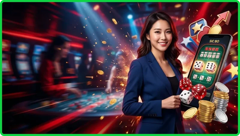 Bàn chơi Sic Bo với ba viên xúc xắc trong lồng kính và các khu vực đặt cược
