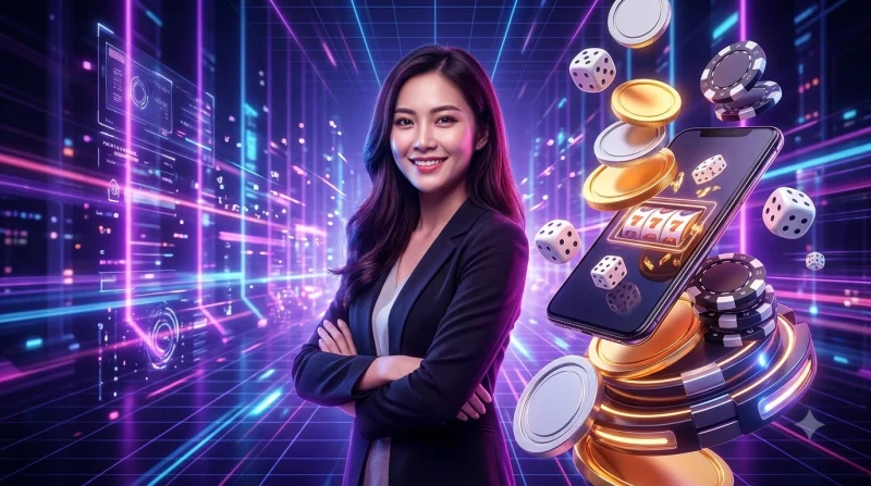 Bàn tay cầm chip vàng và xúc xắc tài xỉu