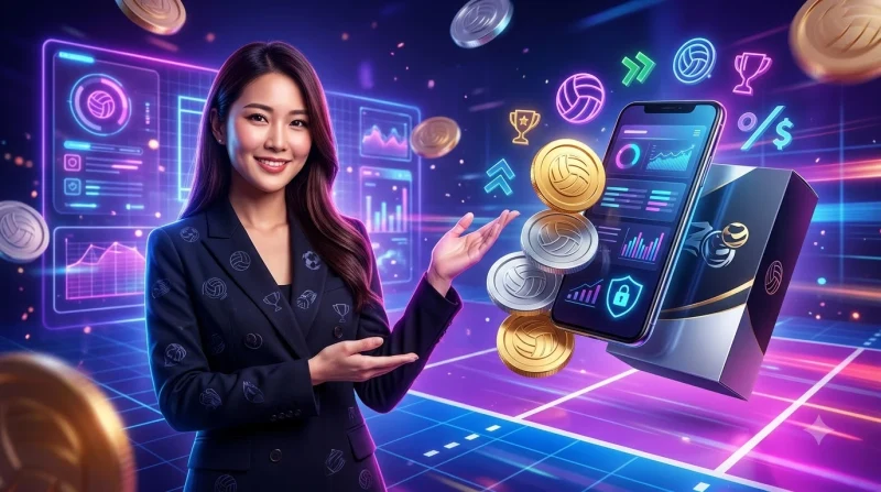Cá cược bóng chuyền là gì - minh họa sân bóng chuyền với biểu tượng cá cược