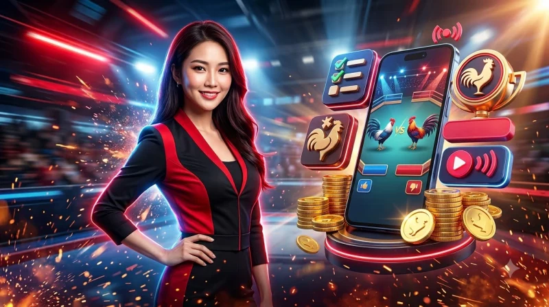 Chú gà tre đẹp mã, lông óng mượt, đứng oai vệ với kính lúp biểu thị các tiêu chí chọn gà