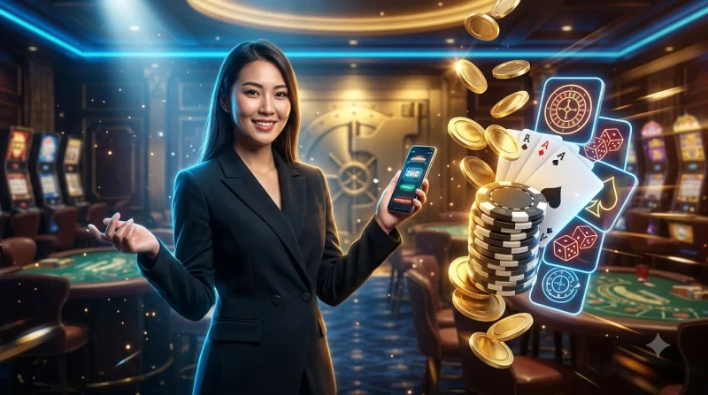 dealer-chia-bai-tai-ban-live-casino-sang-trong-voi-chip-va-bai-o-tien-canh Dealer chia bài tại bàn live casino sang trọng, với chip và bài ở tiền cảnh