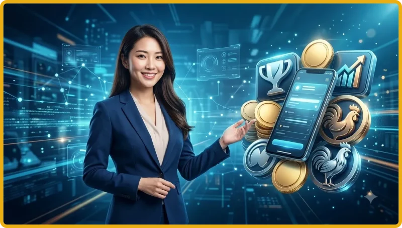 Gà Thomo chiến kê oai vệ trong sân đấu, phong cách nghệ thuật điện ảnh với ánh sáng neon và vàng