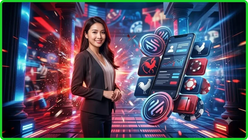 Hai chú gà tre đang đối đầu trong trận đá gà, bối cảnh sân đấu hiện đại với ánh sáng neon