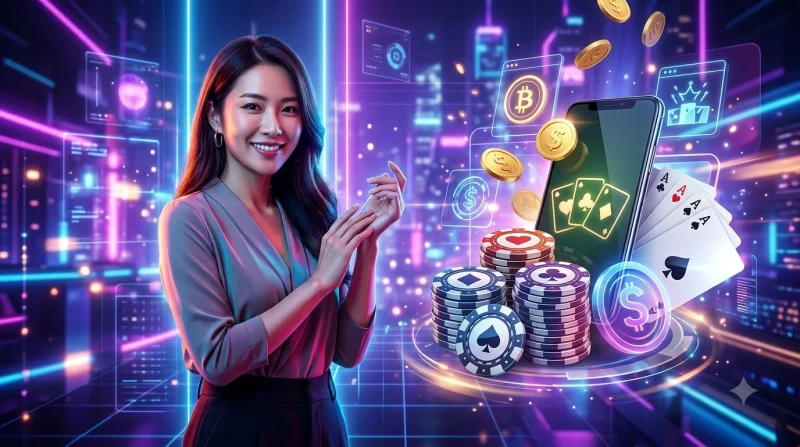 Kính lúp kiểm tra bàn poker với biểu tượng bảo mật và giấy phép