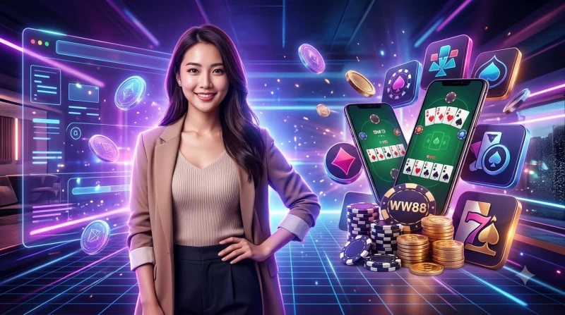 Laptop hiển thị trò chơi poker trực tuyến với chip vàng, quà tặng và biểu tượng bảo mật