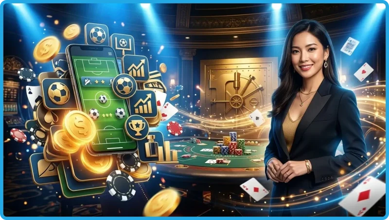 Sân vận động bóng đá về đêm với cúp vàng và quả bóng