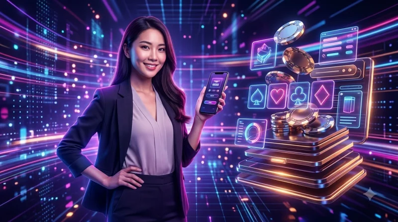 Tay cầm bài poker với bộ bài mạnh, chip vàng và ánh sáng neon