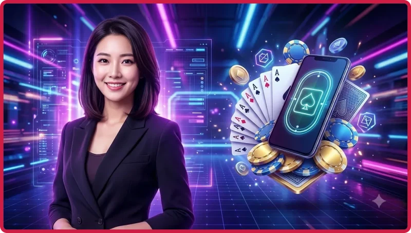Tay cầm bài poker với bộ bài mạnh, chip vàng và ánh sáng neon